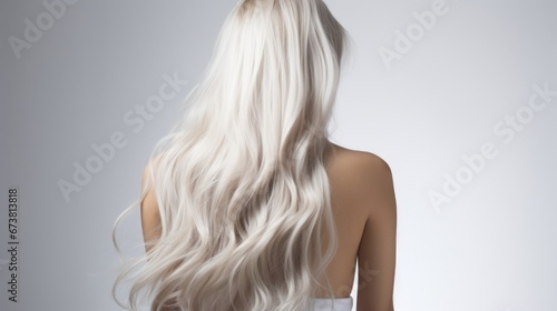 Her back reveals long, white, flowing wavy locks. photo