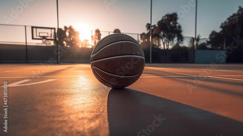 AI-generated illustration of an old basketball on an outdoor court illuminated by the setting sun. photo