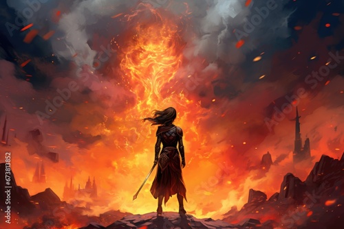 A Woman Silhouetted Against a Fiery Sunset Sky