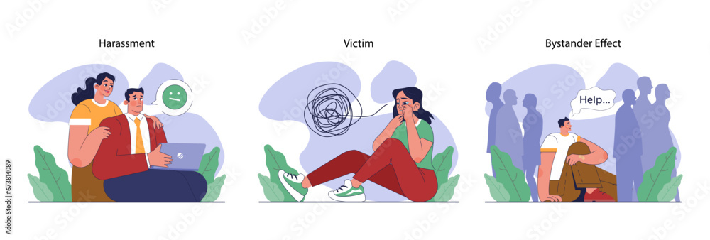 Fototapeta premium Bullying set. Upset victim being bullied and shamed by others. Harassment and humiliation victim. Social violence problem. School verbal or physical abuse. Flat vector illustration
