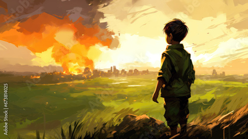 A boy stands on a hill and looks at the city at sunset