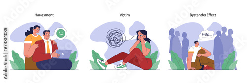 Bullying set. Upset victim being bullied and shamed by others. Harassment and humiliation victim. Social violence problem. School verbal or physical abuse. Flat vector illustration