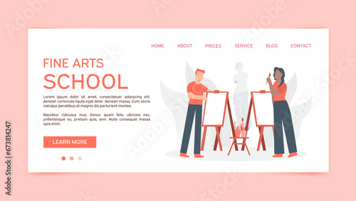 Illustration for the website of an art school in red and pink tones with two people with brushes and canvases