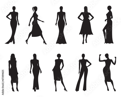 Vector set of women silhouettes in various fashionable dresses and in different poses, in black color, isolated, fashion illustration on white background.