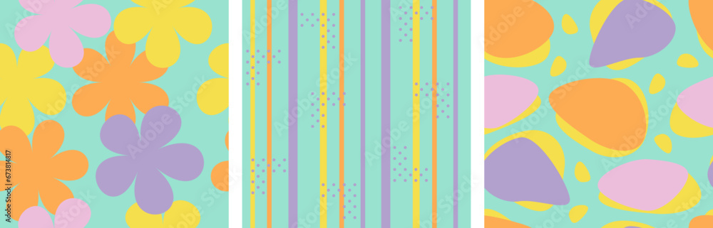 Set of summer fresh color vector seamless pattern. Colorful art abstract bright geometric print. Pastel yellow, pink, purple rose, orange flowers on watery aqua blue background. fabric. Wallpaper.