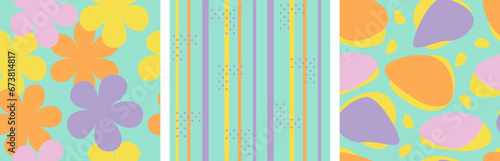Set of summer fresh color vector seamless pattern. Colorful art abstract bright geometric print. Pastel yellow, pink, purple rose, orange flowers on watery aqua blue background. fabric. Wallpaper.
