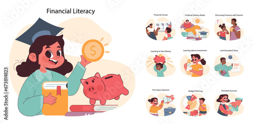 Child Financial Literacy set. Young students engaged in money management education. Savings, investments, and budgeting lessons. Piggy bank savings concept. Flat vector illustration