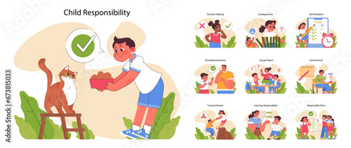 Child Responsibility concept. Teaching kids daily tasks, honest communication, and teamwork. Scenes of feeding pets, decision-making, and goal setting. Flat vector illustration