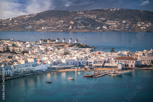A stunning Mykonos vista  White houses against a breathtaking sea backdrop  a picture of Greek island paradise.