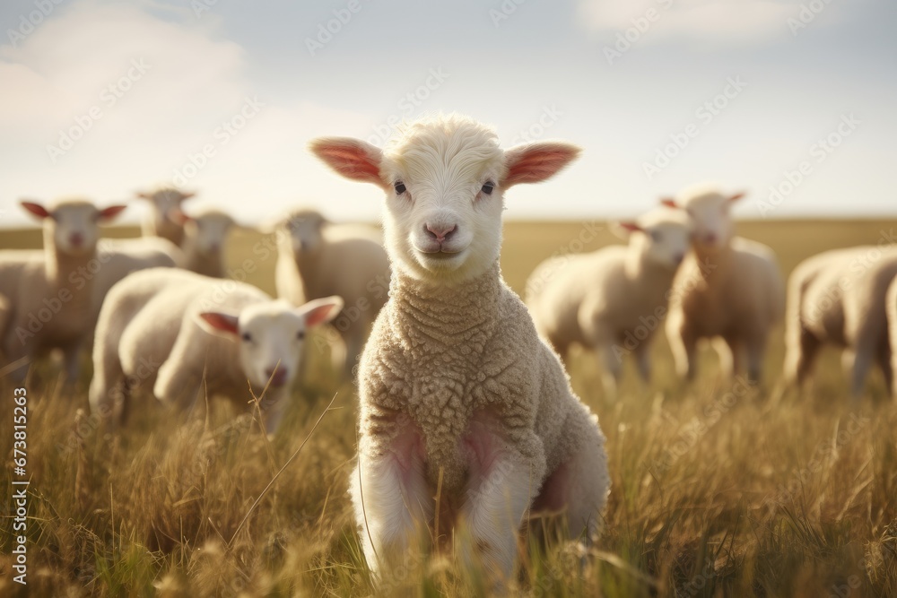 A Majestic Herd of Sheep Grazing on a Lush Green Meadow A Majestic Herd of Sheep Grazing on a Lush Green Meadow