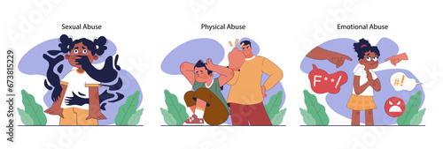 Childhood psychological trauma set. Emotional impact of traumatic events on kid mental health. Psychological disorder caused by physical and emotional abuse. Vector flat illustration
