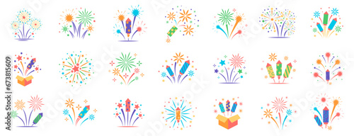 Set of firework icons, celebration, party, happy new year. Vector set photo