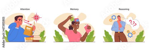 Cognitive skills set. Human cognitive function, ability or capacity to process data. Intellect development. Motor and learning skill, memory and attention span. Flat vector illustration © inspiring.team