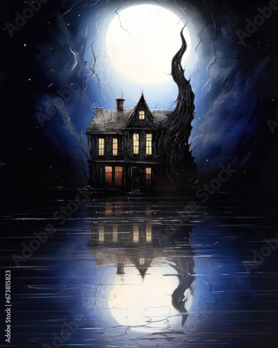 Illustration of a haunted house in the moonlight, with a full moon