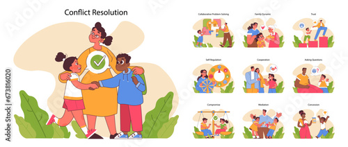 Conflict Resolution set. Harmonious interactions showcased through familial and social scenarios. From trust-building to cooperative compromises. Flat vector illustration