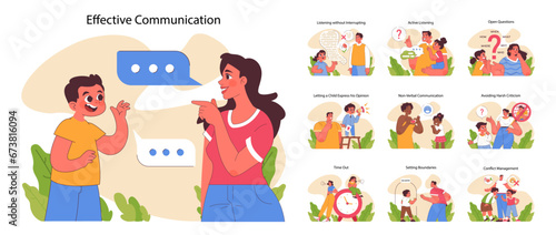 Effective communication set. Joyful parents and children showcase key communication skills. Listening without interrupting, active listening, and avoiding criticism. Flat vector illustration