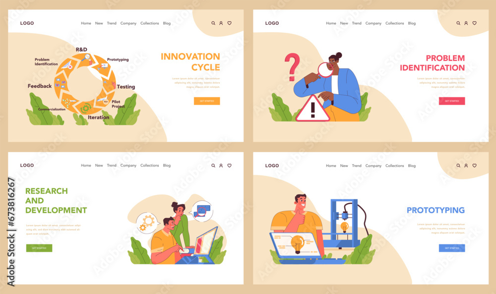 Innovation cycle web or landing set. Generation of a creative idea or business solution. Start up or new project development. Data analysis, prototyping and testing. Flat vector illustration Innovation cycle web or landing set. Generation of a creative idea or business solution. Start up or new project development. Data analysis, prototyping and testing. Flat vector illustration