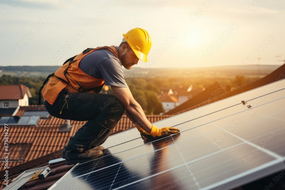 A Man Installing a Solar Panel on a Rooftop - obrazy, fototapety, plakaty 