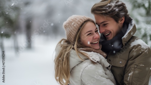 a sweet young lover playing together in winter with snow. enjoy dating at Christmas. generative AI