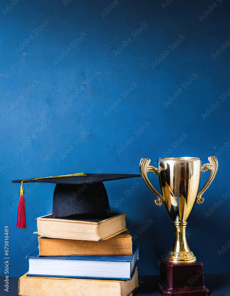 graduation hat and trophy, books, education concept graduation hat and trophy, books, education concept
