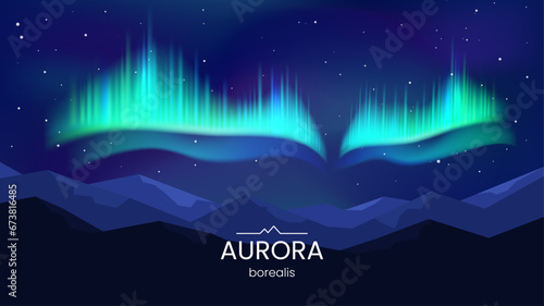 Fototapeta Naklejka Na Ścianę i Meble -  Arctic aurora borealis over the night starry sky. Aurora borealis. Mountain landscape background.  Bright glow in the arctic regions. Vector illustration.