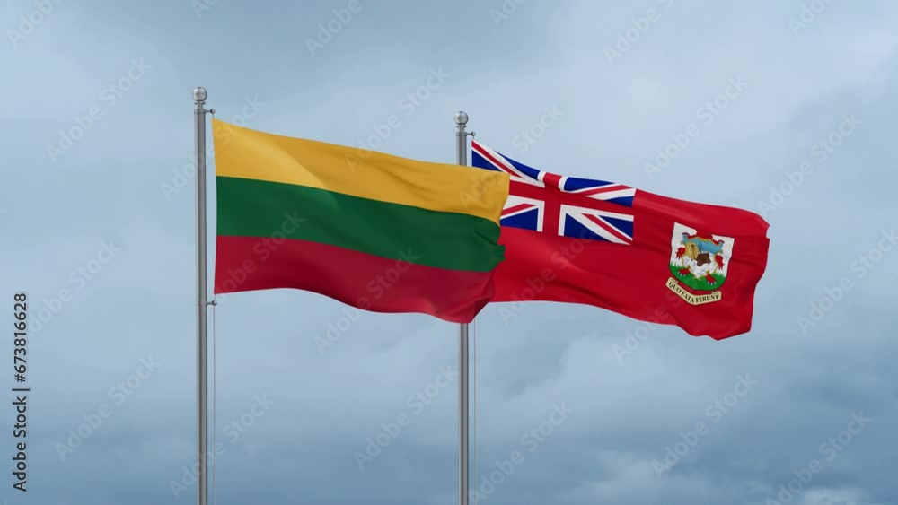 Lithuania flag and Bermuda or Somers Isles flag waving together on cloudy sky, endless seamless loop Lithuania flag and Bermuda or Somers Isles flag waving together on cloudy sky, endless seamless loop