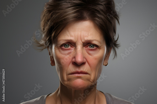 Tired Caucasian woman, head and shoulders portrait on grey background. Neural network generated image. Not based on any actual person or scene.