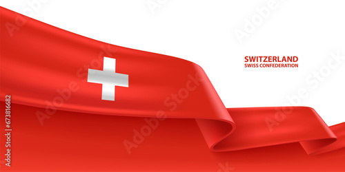 Switzerland 3D ribbon flag. Bent waving 3D flag in colors of the Switzerland national flag. National flag background design.