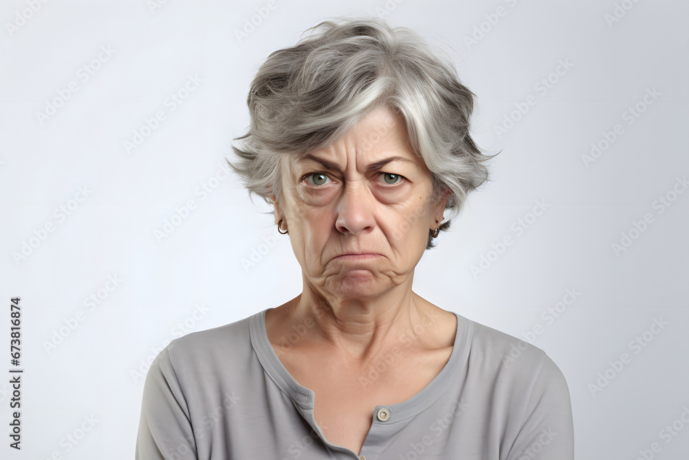 Tired Caucasian woman, head and shoulders portrait on grey background. Neural network generated image. Not based on any actual person or scene. Tired Caucasian woman, head and shoulders portrait on grey background. Neural network generated image. Not based on any actual person or scene.