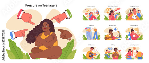 Pressure on teenagers set. Teens navigating societal judgments, exploring self-worth, academic hurdles, and societal influences. Body image concerns and parental expectations. Flat vector illustration