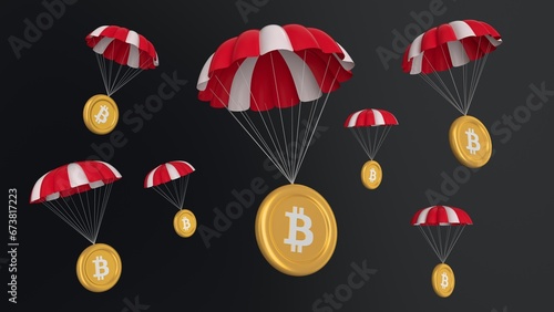 Photos btc, Bitcoin, airdrop coins falling for a cryptocurrency concept, many coins going parachute chute down falling bounty