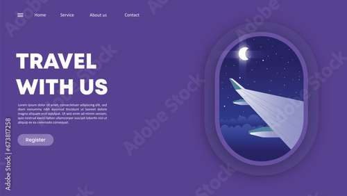 Vector Flat Traveling Airplane Window with Airplane Wing and Night Sky View Landing Page Template
