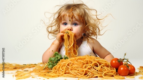 beautiful little girl with spaghetti and vegetables over white