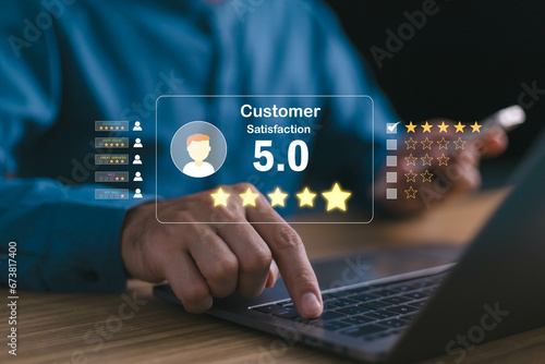 Customer review satisfaction feedback survey concept, service experience rating online, good reviews 5-star rating, product client result happy reputation product client result good quality most.