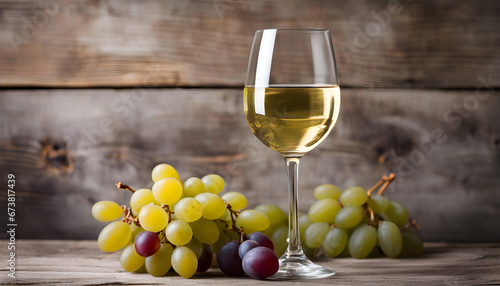 Closeup of a White wine in a glass with fall grapes, old wooden background.