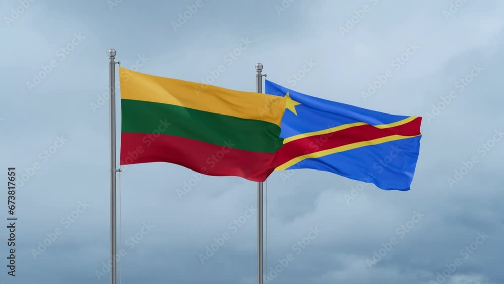 Democratic Republic of the Congo flag and Lithuania flag waving together on cloudy sky, endless seamless loop, two country relations concept Democratic Republic of the Congo flag and Lithuania flag waving together on cloudy sky, endless seamless loop, two country relations concept