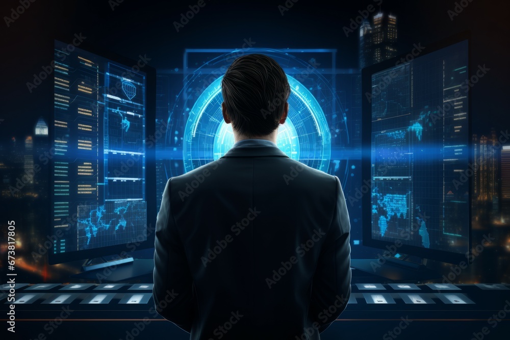 Successful trader working in modern office, looking at display, sale and buy bitcoin and analyzing index on cryptocurrency market diagram blue background