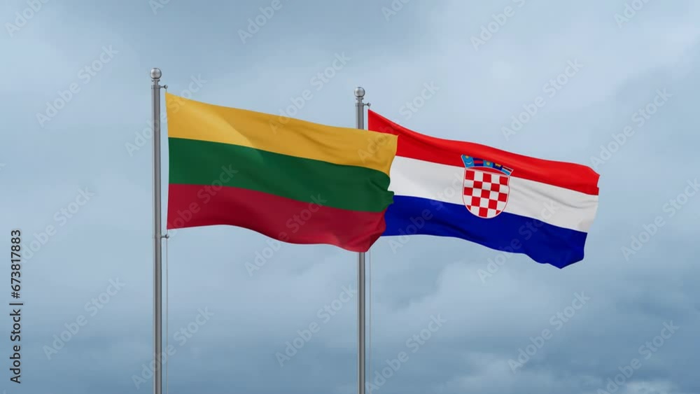 Croatia and Lithuania flag waving together on cloudy sky, endless seamless loop, two country cooperation concept Croatia and Lithuania flag waving together on cloudy sky, endless seamless loop, two country cooperation concept