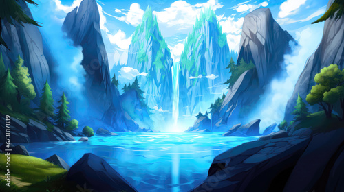 Fantasy landscape with waterfall and blue sky