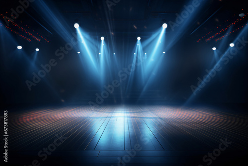 Artistic performances stage light background with spotlight illuminated the stage for contemporary dance. Empty stage with monochromatic colors and lighting design. Entertainment show.