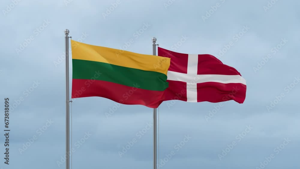 Denmark flag and Lithuania flag waving together on cloudy sky, endless seamless loop, two country relations concept Denmark flag and Lithuania flag waving together on cloudy sky, endless seamless loop, two country relations concept