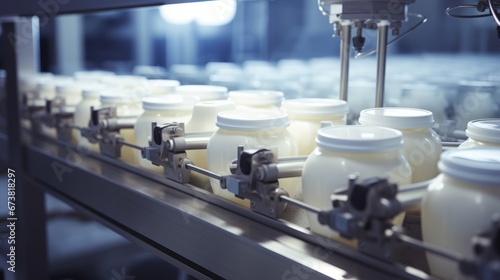 Industrial machinery filling and sealing containers of yogurt in a dairy production facility.