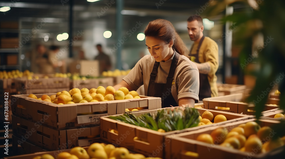 a group of people working in a fruit and vegetable market, handling and sorting various types of produce.