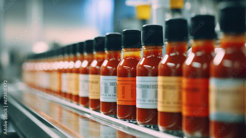 a production line in a factory where hot sauce bottles are being filled, sealed, and labeled. The machinery is inspecting the bottles on a conveyor beltBackground - obrazy, fototapety, plakaty 