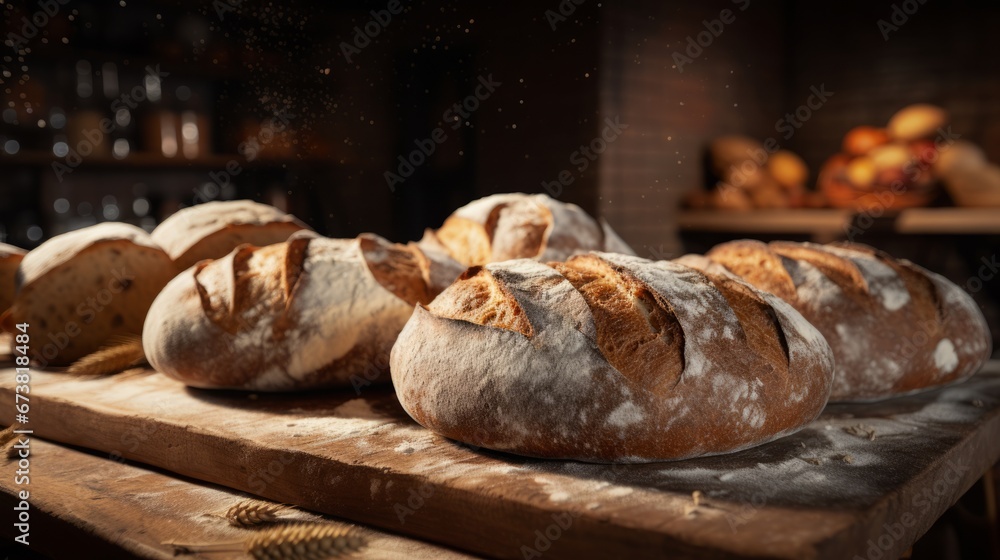 freshly baked, artisanal bread on a wooden table in a rustic kitchen, with a brick wall background, shelves, and bottles.Background