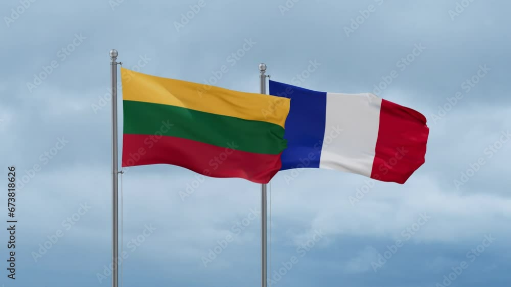France and Lithuania flags waving together on cloudy sky, endless seamless loop, two country relations concept France and Lithuania flags waving together on cloudy sky, endless seamless loop, two country relations concept