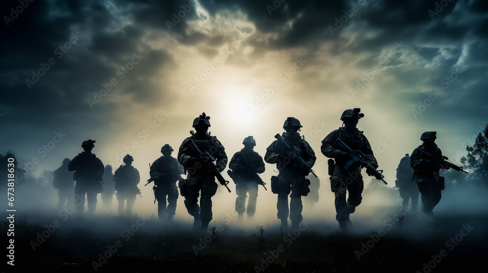 Obraz premium Silhouette photo group of military soldiers marching outdoor in battlefield patrol. Infantry army war battle marching dramatic light scene.