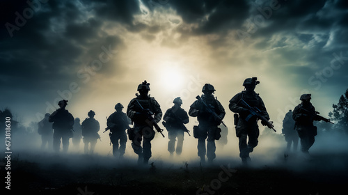 Silhouette photo group of military soldiers marching outdoor in battlefield patrol. Infantry army war battle marching dramatic light scene.