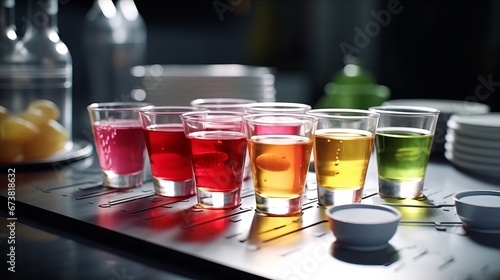 a tray of colorful shots in a bar setting. The shots are in different colors and are served on a black tray on a counter.