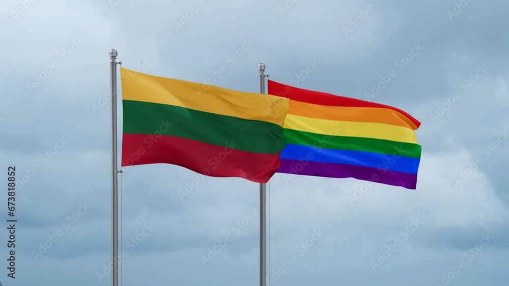 LGBT movement flag also Gay Pride and Lithuania flag waving in the wind cycle looped video, tolerance conception in country LGBT movement flag also Gay Pride and Lithuania flag waving in the wind cycle looped video, tolerance conception in country